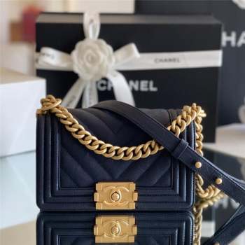 Chanel Original Grained Calfskin Chevron Small Boy Flap Bag Gold/Deep Blue 2023 Top Quality (MHE-23102324)