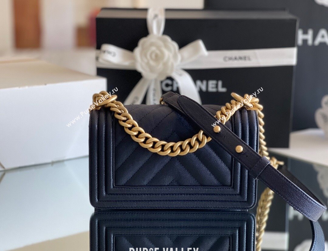 Chanel Original Grained Calfskin Chevron Small Boy Flap Bag Gold/Deep Blue 2023 Top Quality (MHE-23102324)