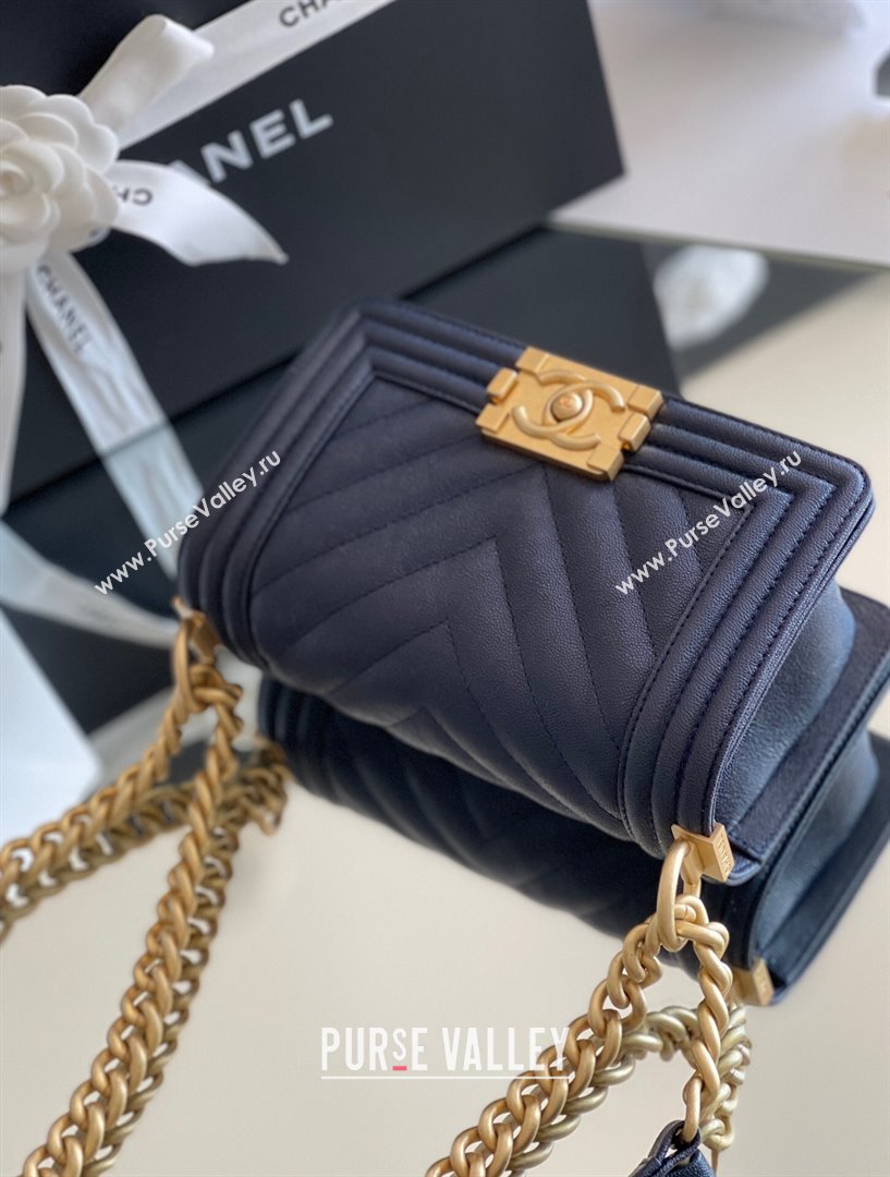 Chanel Original Grained Calfskin Chevron Small Boy Flap Bag Gold/Deep Blue 2023 Top Quality (MHE-23102324)