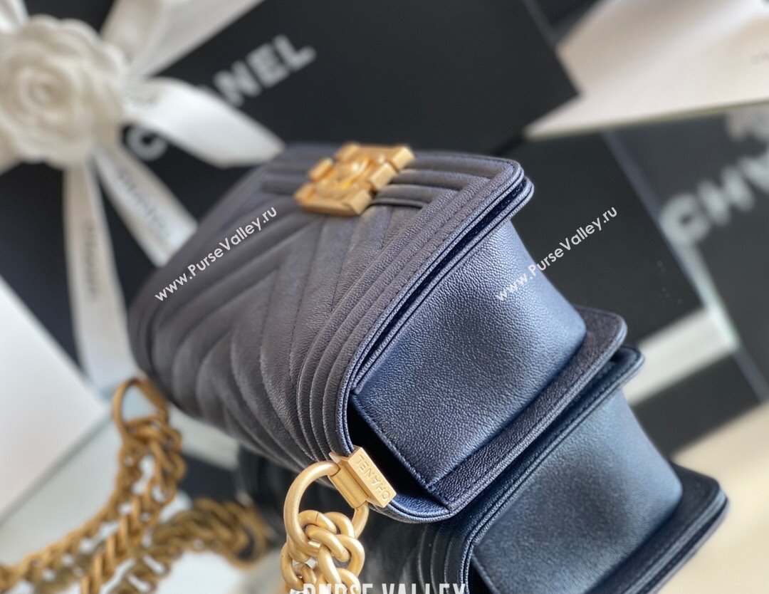 Chanel Original Grained Calfskin Chevron Small Boy Flap Bag Gold/Deep Blue 2023 Top Quality (MHE-23102324)