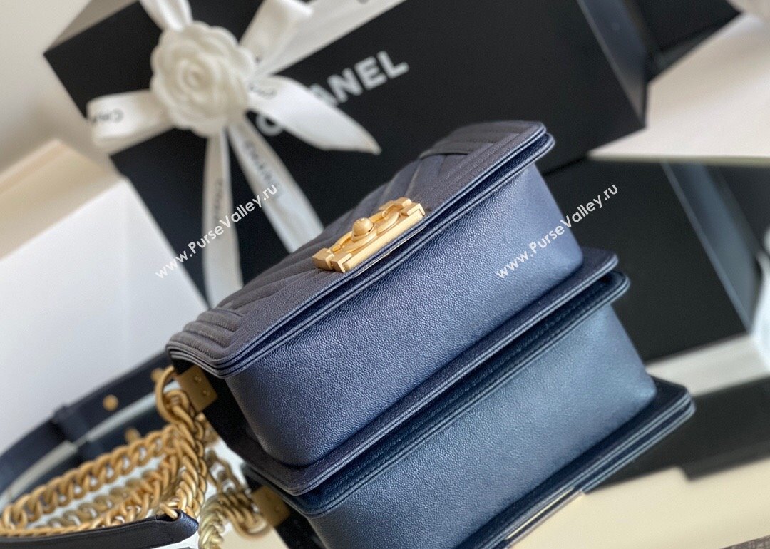 Chanel Original Grained Calfskin Chevron Small Boy Flap Bag Gold/Deep Blue 2023 Top Quality (MHE-23102324)