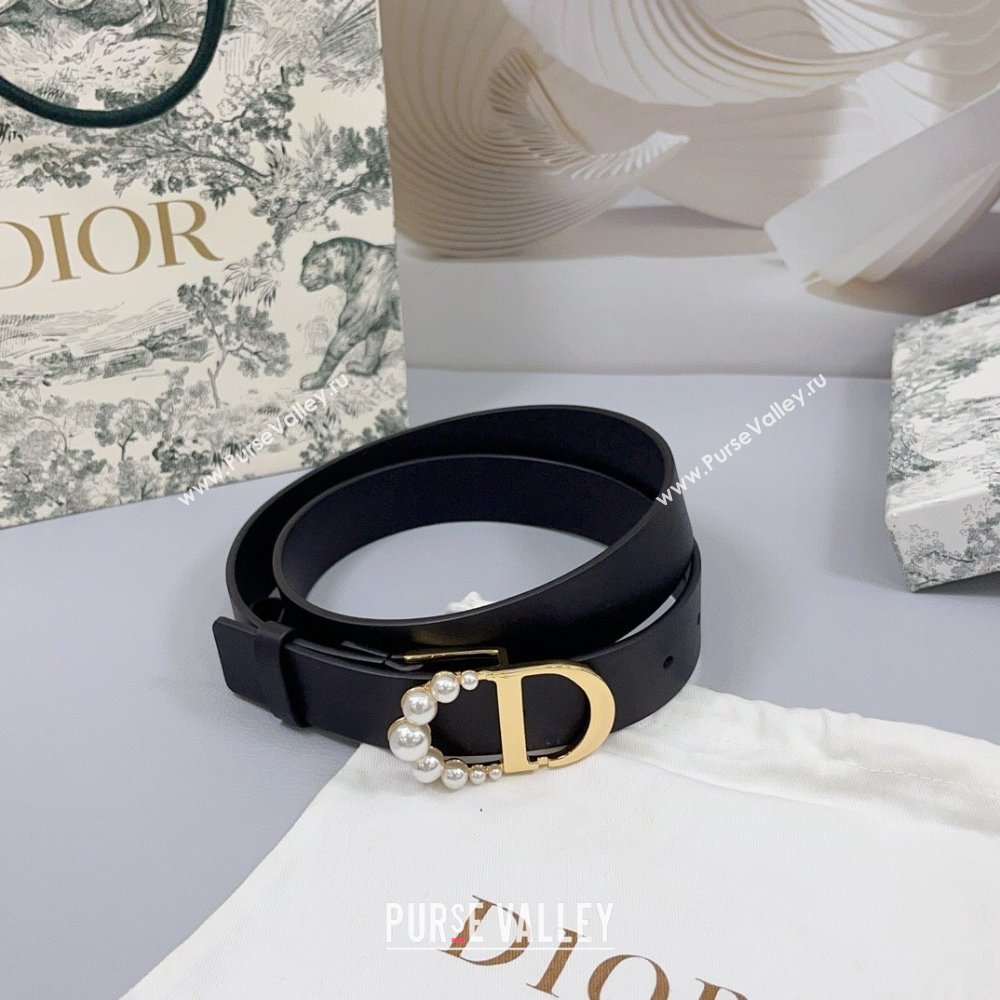 Dior Calfskin Leather Belt 3cm with Pearls CD Buckle Black/Gold 2025 0108 (99-250108029)