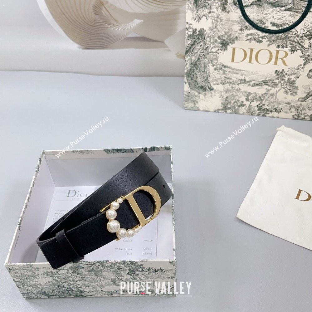 Dior Calfskin Leather Belt 3cm with Pearls CD Buckle Black/Gold 2025 0108 (99-250108029)