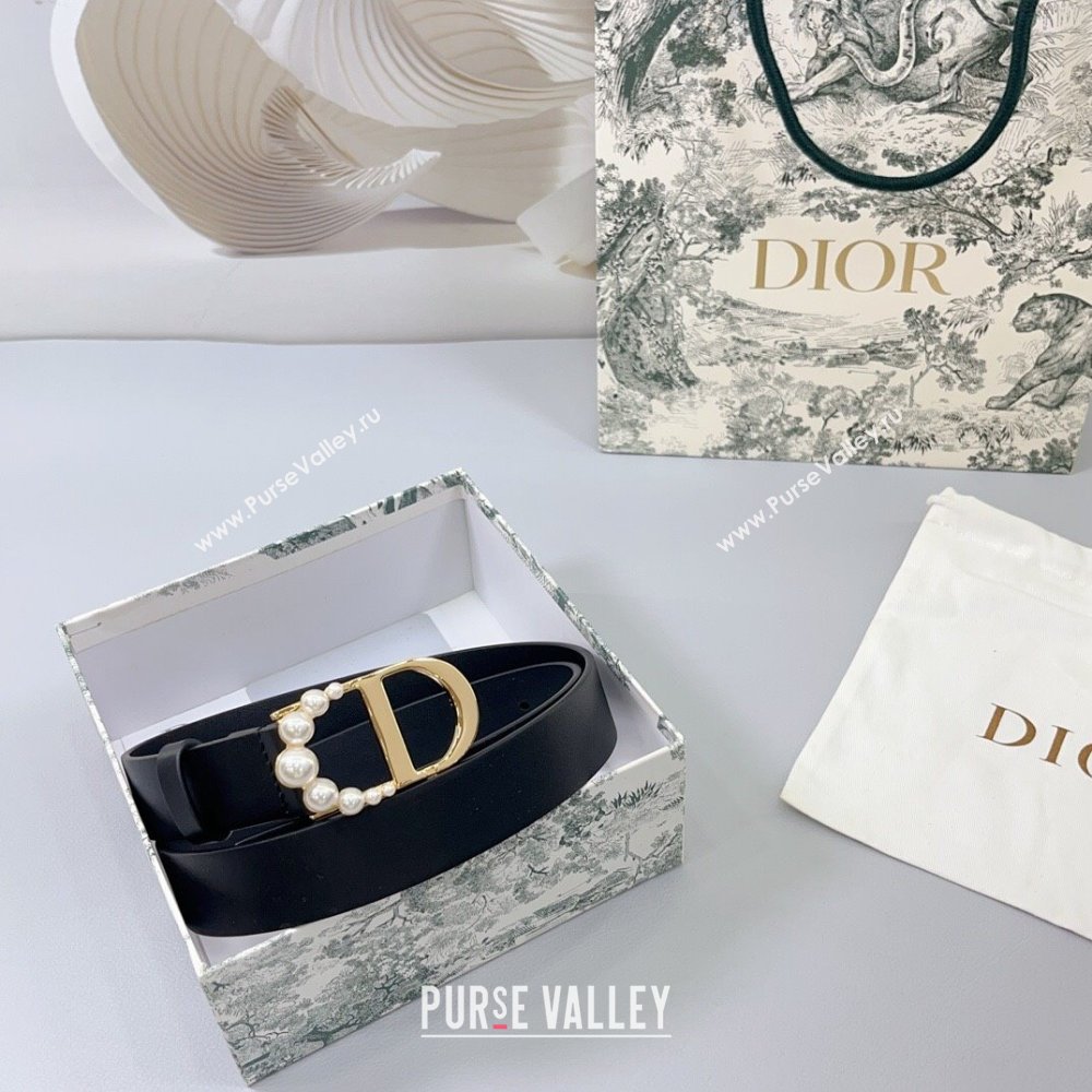 Dior Calfskin Leather Belt 3cm with Pearls CD Buckle Black/Gold 2025 0108 (99-250108029)