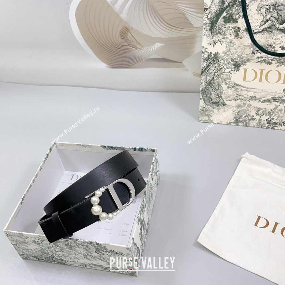 Dior Calfskin Leather Belt 3cm with Pearls CD Buckle Black/Silver 2025 0108 (99-250108030)