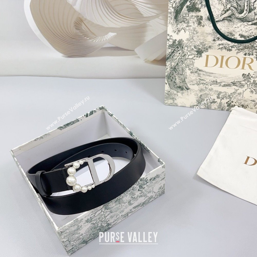 Dior Calfskin Leather Belt 3cm with Pearls CD Buckle Black/Silver 2025 0108 (99-250108030)