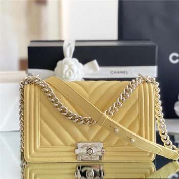 Chanel Original Grained Calfskin Chevron Medium Boy Flap Bag Light Gold/Yellow 2023 Top Quality (MHE-23102528)