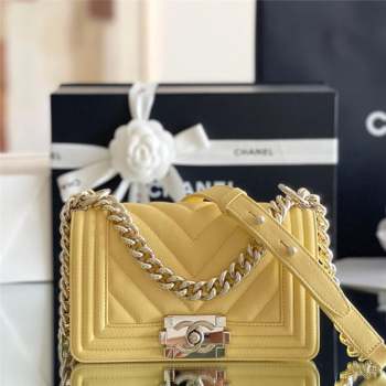 Chanel Original Grained Calfskin Chevron Small Boy Flap Bag Light Gold/Yellow 2023 Top Quality (MHE-23102527)