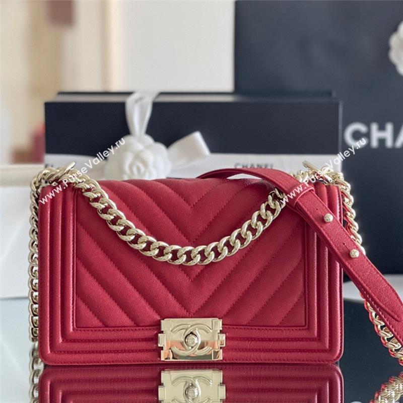 Chanel Original Grained Calfskin Chevron Medium Boy Flap Bag Light Gold/Red 2023 Top Quality (MHE-23102519)