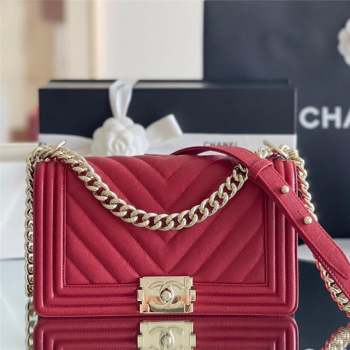 Chanel Original Grained Calfskin Chevron Medium Boy Flap Bag Light Gold/Red 2023 Top Quality (MHE-23102519)