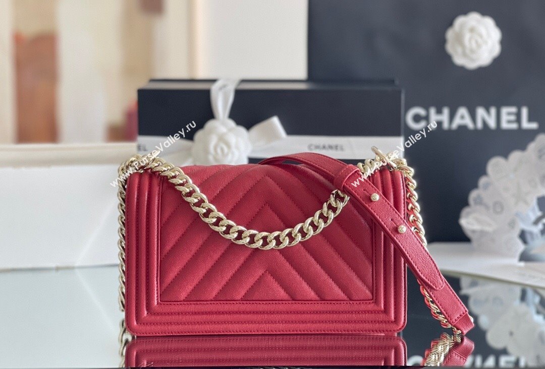 Chanel Original Grained Calfskin Chevron Medium Boy Flap Bag Light Gold/Red 2023 Top Quality (MHE-23102519)