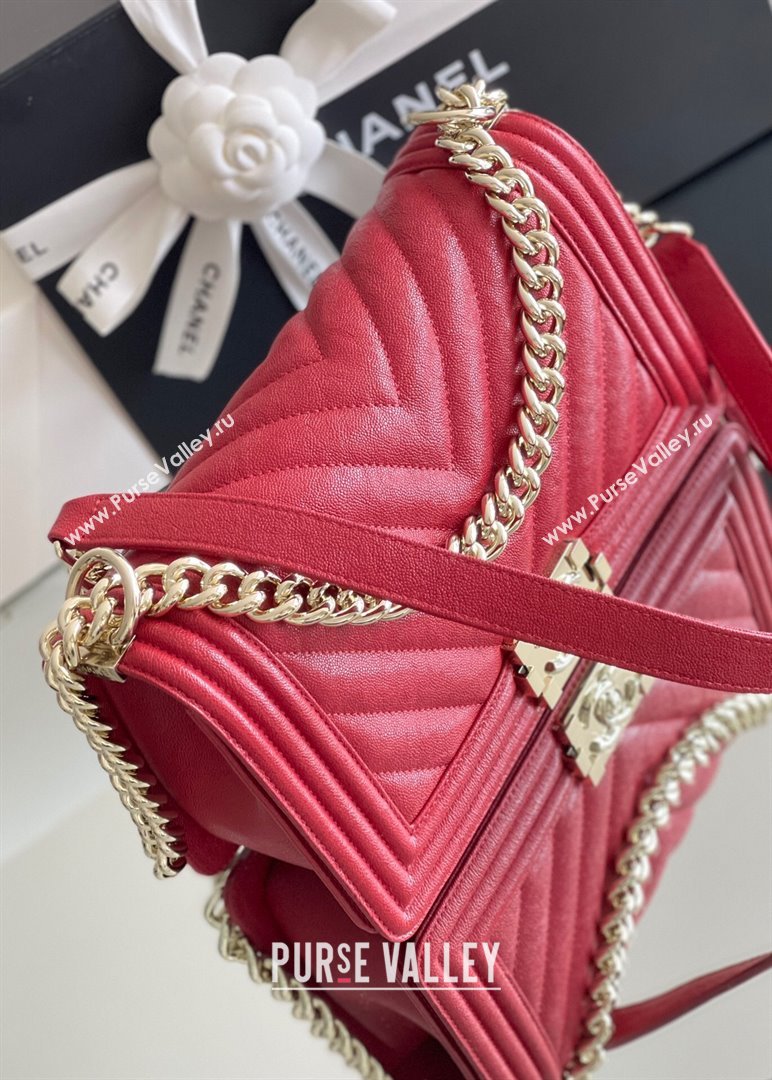 Chanel Original Grained Calfskin Chevron Medium Boy Flap Bag Light Gold/Red 2023 Top Quality (MHE-23102519)