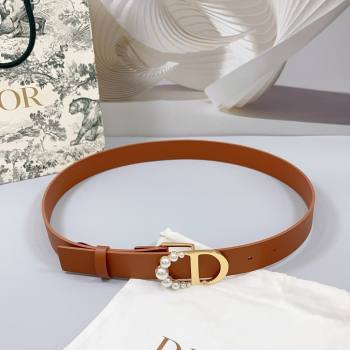 Dior Calfskin Leather Belt 3cm with Pearls CD Buckle Brown 2025 0108 (99-250108036)