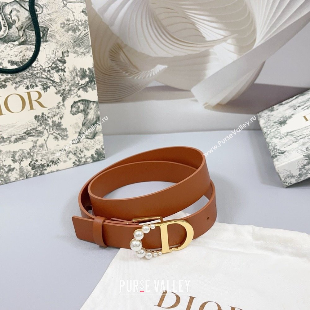 Dior Calfskin Leather Belt 3cm with Pearls CD Buckle Brown 2025 0108 (99-250108036)