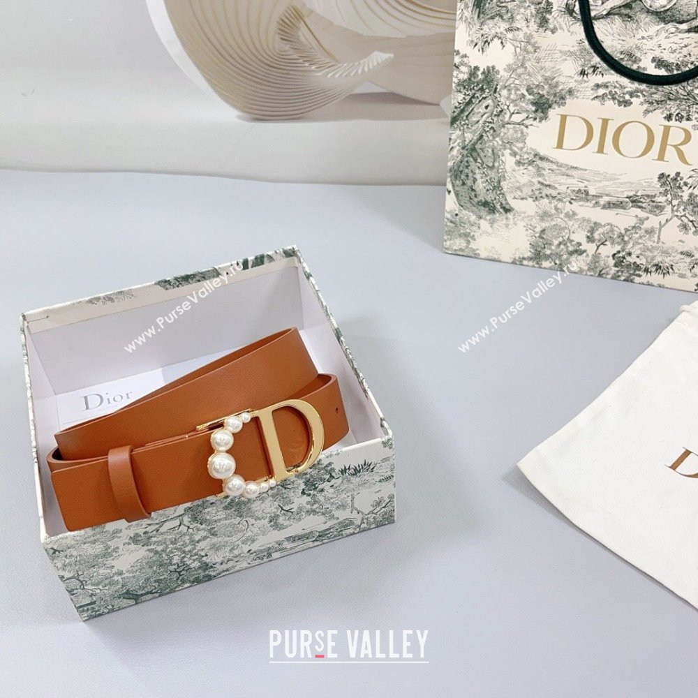 Dior Calfskin Leather Belt 3cm with Pearls CD Buckle Brown 2025 0108 (99-250108036)