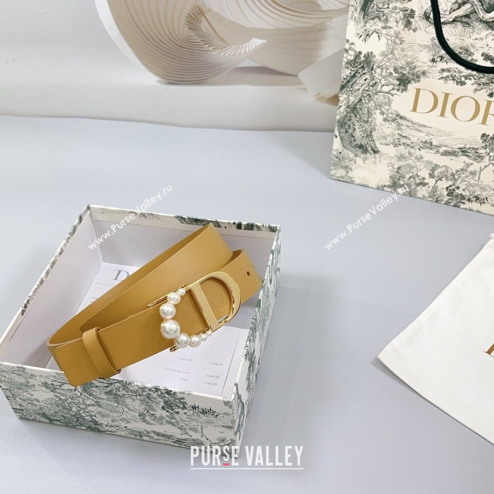 Dior Calfskin Leather Belt 3cm with Pearls CD Buckle Apricot 2025 0108 (99-250108037)