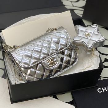 Chanel Mirror Calfskin Mini Flap Bag Star Coin Purse AS4646 Silver 2023 (yezi-231127012)