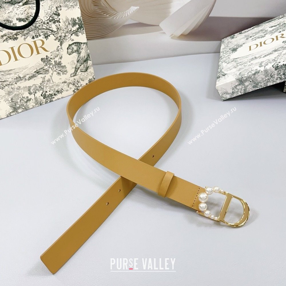 Dior Calfskin Leather Belt 3cm with Pearls CD Buckle Apricot 2025 0108 (99-250108037)