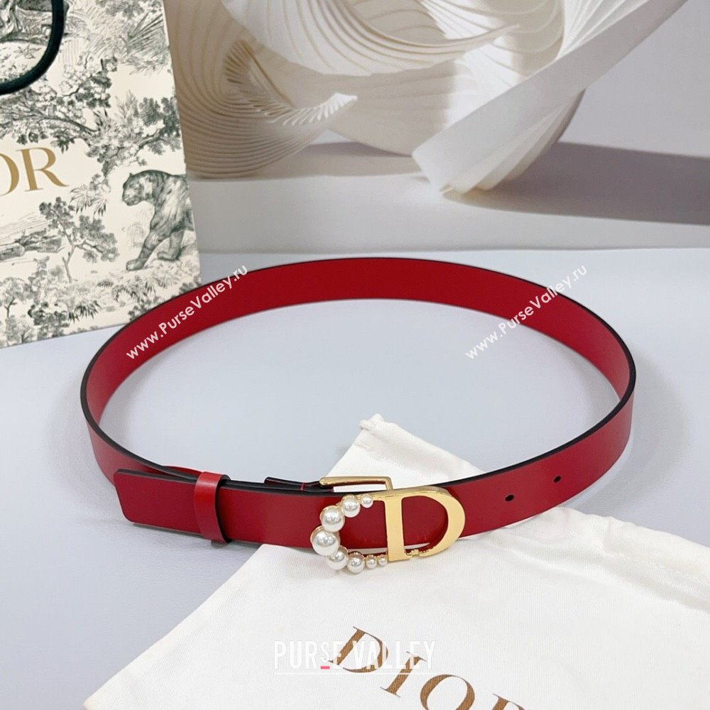 Dior Calfskin Leather Belt 3cm with Pearls CD Buckle Red 2025 0108 (99-250108039)