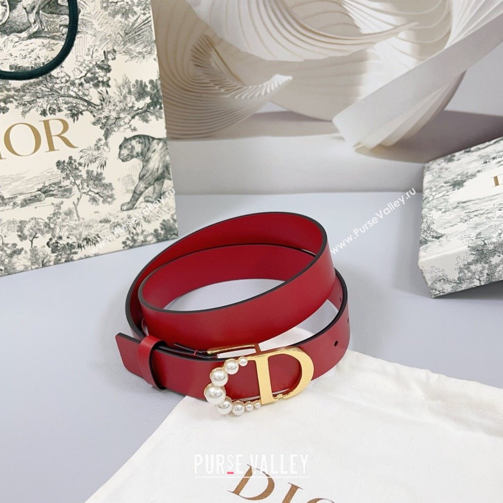 Dior Calfskin Leather Belt 3cm with Pearls CD Buckle Red 2025 0108 (99-250108039)