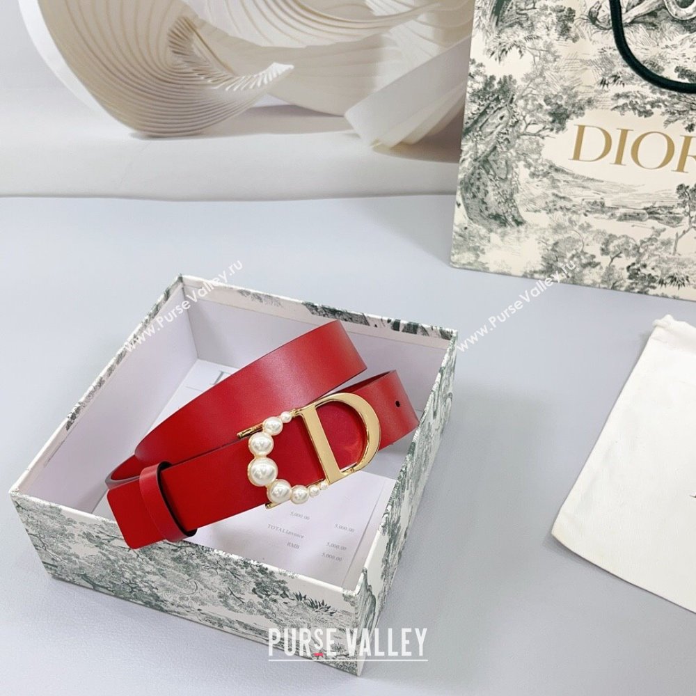 Dior Calfskin Leather Belt 3cm with Pearls CD Buckle Red 2025 0108 (99-250108039)