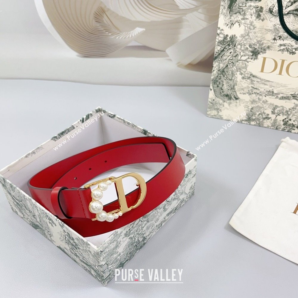 Dior Calfskin Leather Belt 3cm with Pearls CD Buckle Red 2025 0108 (99-250108039)