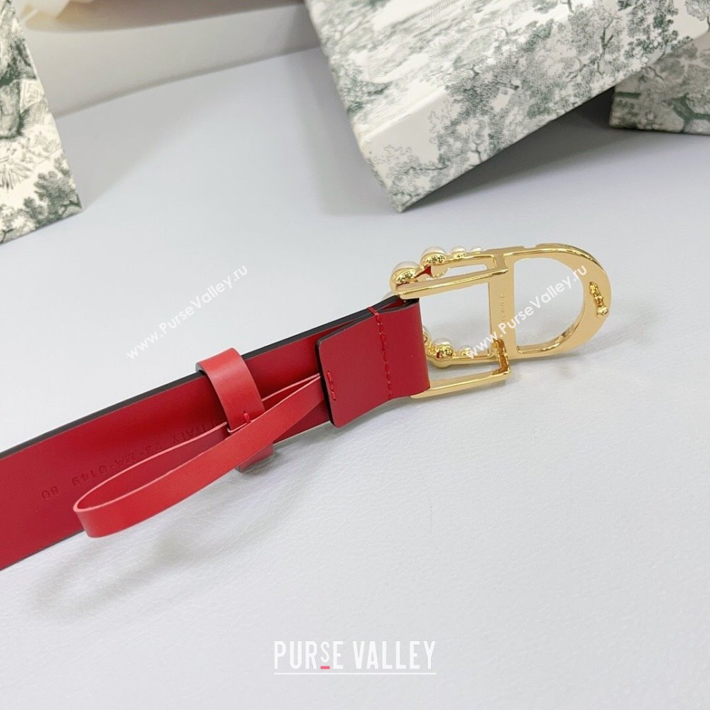 Dior Calfskin Leather Belt 3cm with Pearls CD Buckle Red 2025 0108 (99-250108039)