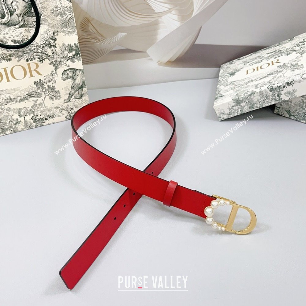 Dior Calfskin Leather Belt 3cm with Pearls CD Buckle Red 2025 0108 (99-250108039)