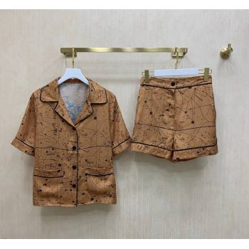 Dior Starry Sky Silk Shirt and Shorts Set Brown 2021 (Q-21082607)