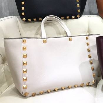 Valentino Roman Stud Tote Bag in Grainy Calfskin White 2021 3232 (LKF-21080467)