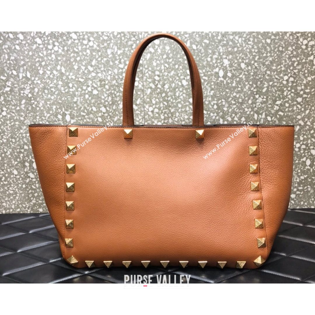 Valentino Roman Stud Tote Bag in Grainy Calfskin Brown 2021 3232 (LKF-21080466)