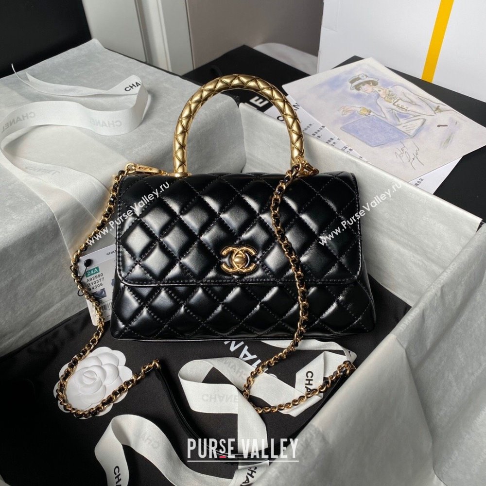 Chanel Shiny Calfskin Small Coco Flap Bag with Metal Top Hanle A92990 Black 2024 (YEZI-24082417)