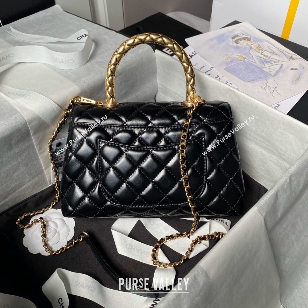 Chanel Shiny Calfskin Small Coco Flap Bag with Metal Top Hanle A92990 Black 2024 (YEZI-24082417)