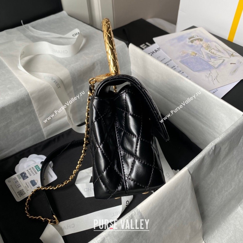 Chanel Shiny Calfskin Small Coco Flap Bag with Metal Top Hanle A92990 Black 2024 (YEZI-24082417)