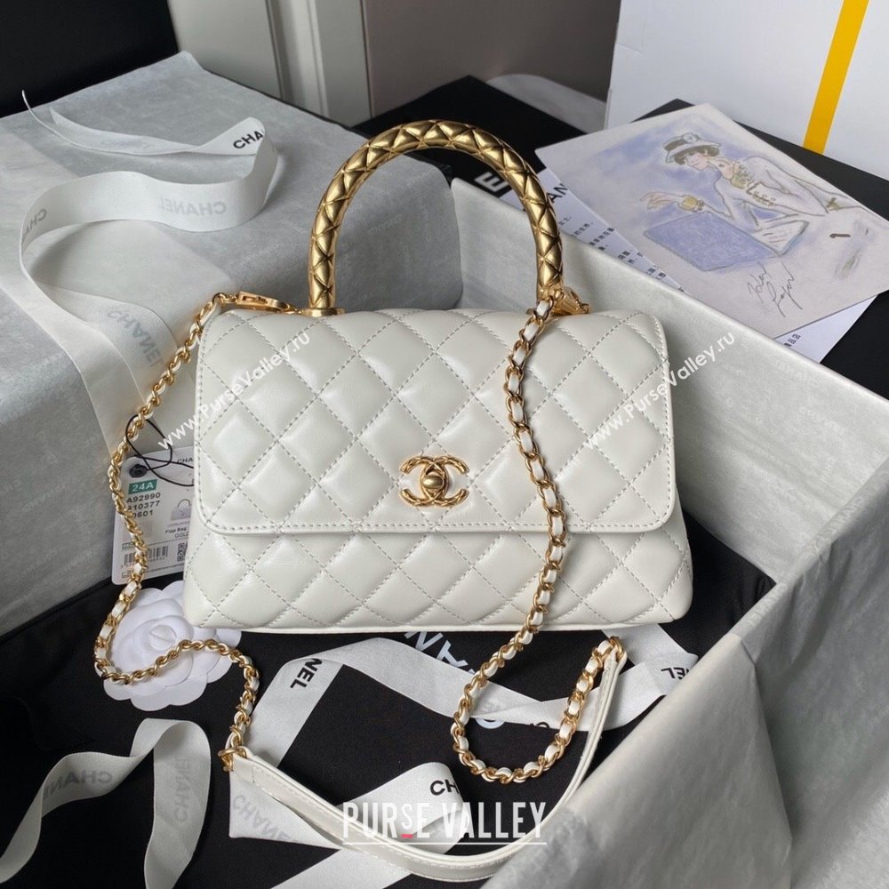 Chanel Shiny Calfskin Small Coco Flap Bag with Metal Top Hanle A92990 White 2024 (YEZI-24082418)