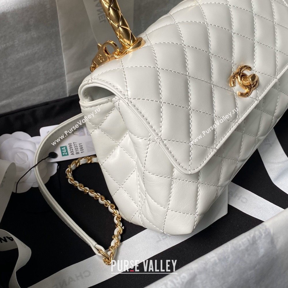 Chanel Shiny Calfskin Small Coco Flap Bag with Metal Top Hanle A92990 White 2024 (YEZI-24082418)