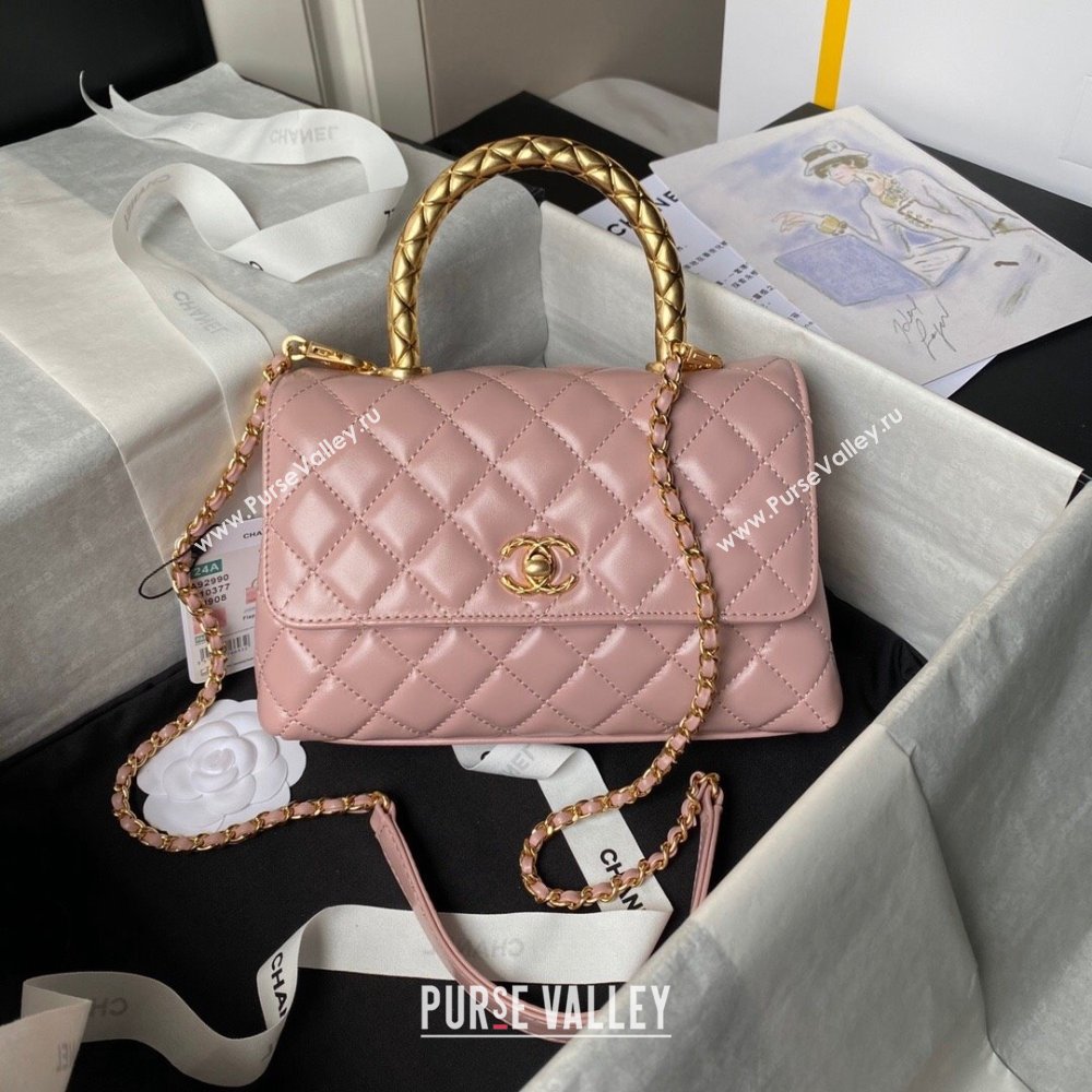 Chanel Shiny Calfskin Small Coco Flap Bag with Metal Top Hanle A92990 Pink 2024 (YEZI-24082419)