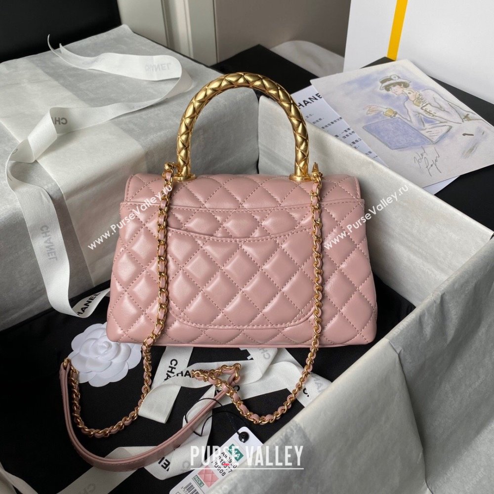 Chanel Shiny Calfskin Small Coco Flap Bag with Metal Top Hanle A92990 Pink 2024 (YEZI-24082419)