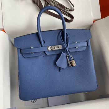 Hermes Birkin 25cm/30cm/35cm Bag in Original Epsom Leather Agate Blue/Silver 2024 (Full Handmade) (XYA-24070105)