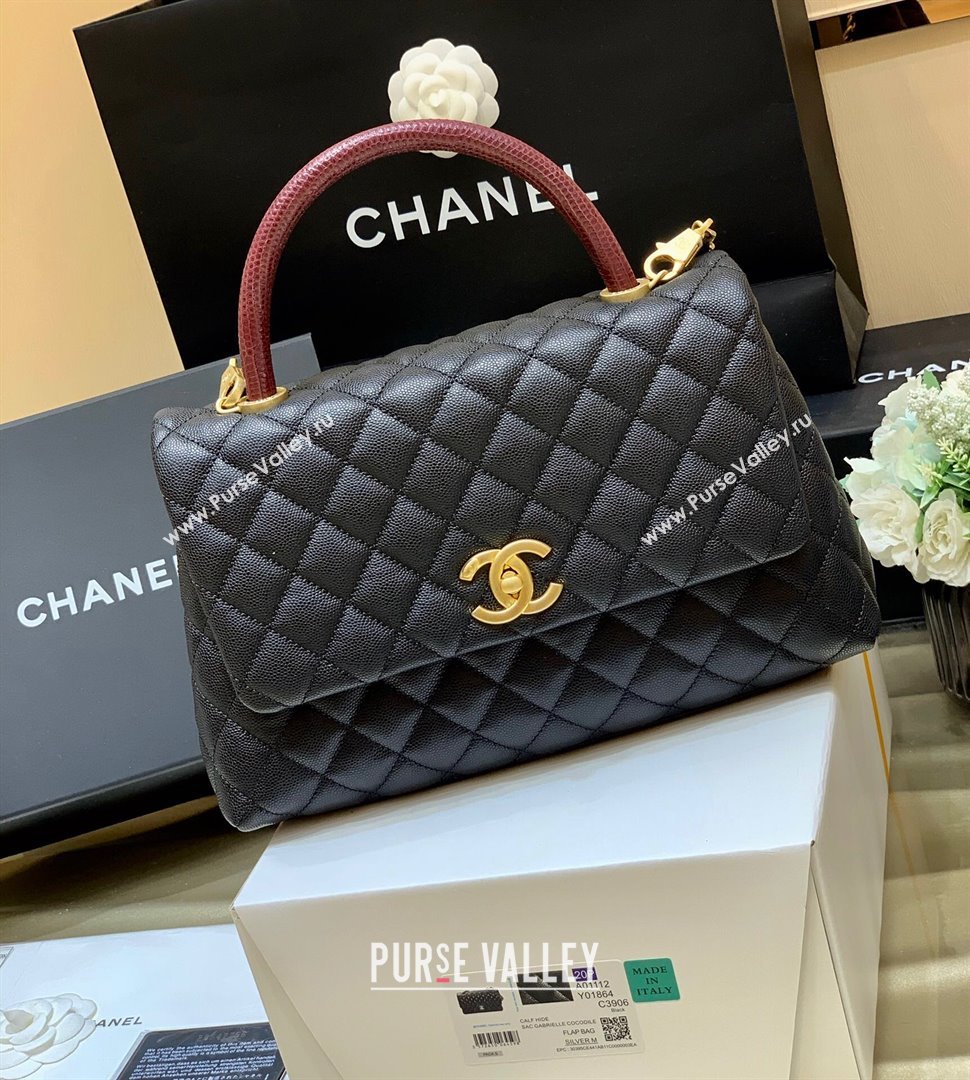 Chanel Medium Flap Bag with Top Handle in Grained Calfskin A92993 Black/Burgundy 2024 Top Quality (SHUNY-24082327)