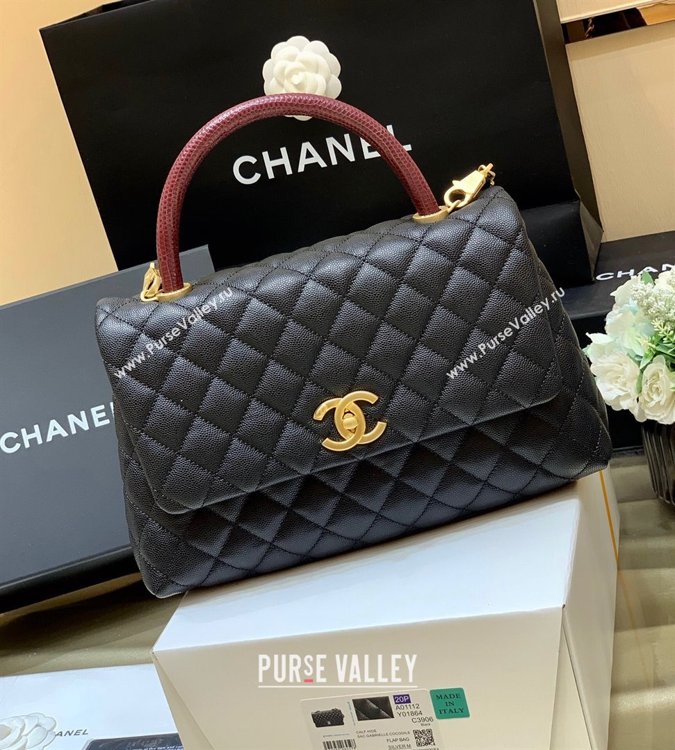 Chanel Medium Flap Bag with Top Handle in Grained Calfskin A92993 Black/Burgundy 2024 Top Quality (SHUNY-24082327)