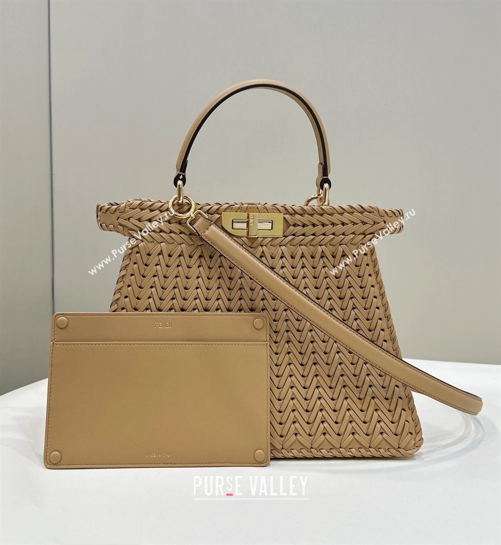 Fendi Peekaboo ISeeU Medium Bag in Camel Interlaced Leather 80138L 2024 Top (CL-24031520)