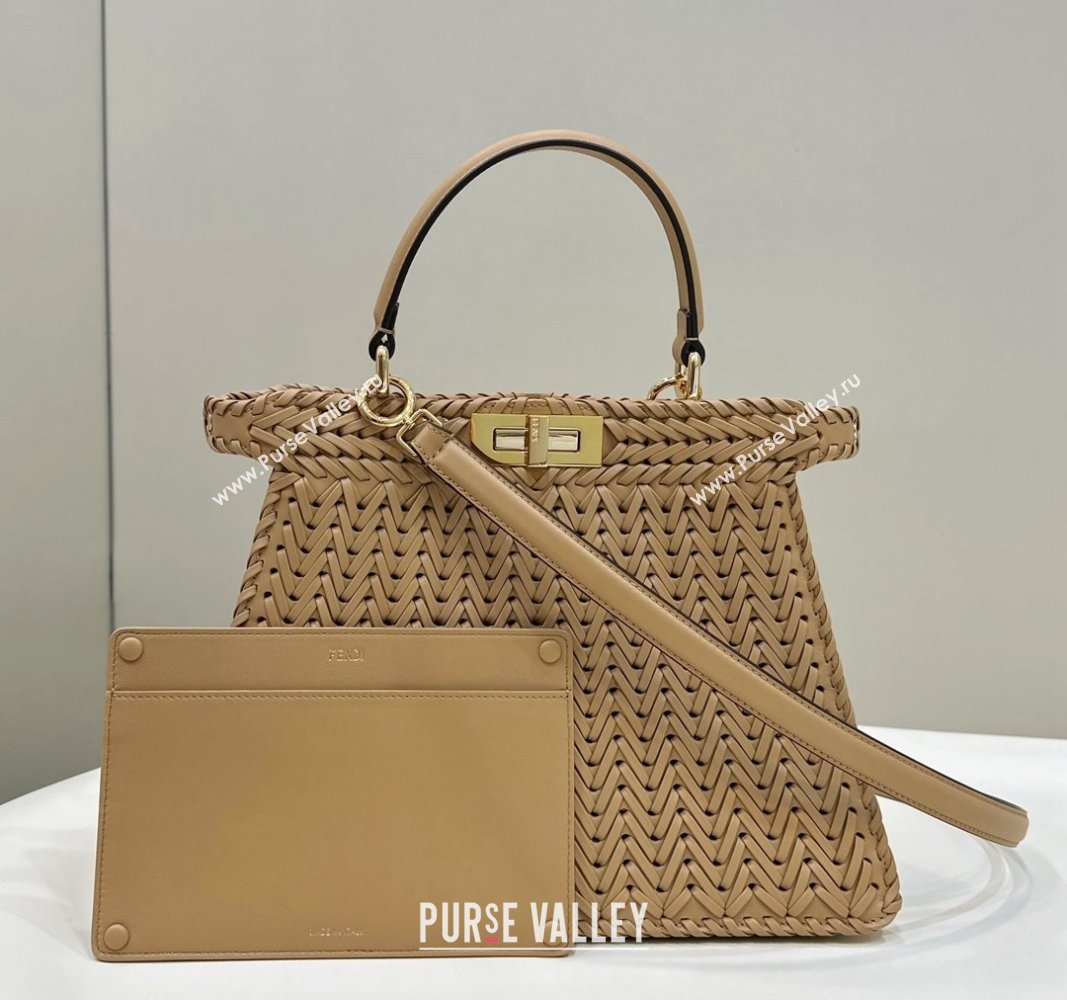Fendi Peekaboo ISeeU Medium Bag in Camel Interlaced Leather 80138L 2024 Top (CL-24031520)