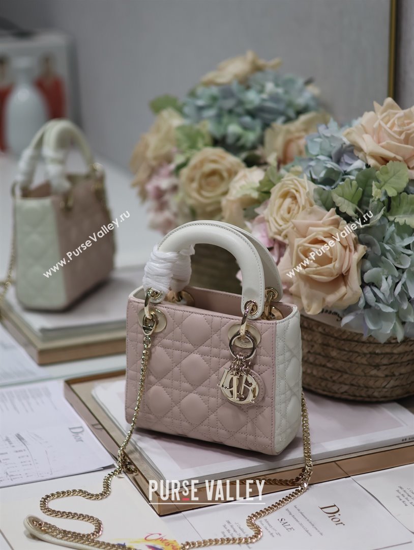 Dior Mini Lady Dior Bag in Two-Tone Cannage Lambskin 0505 White/Pink 2024 (XXG-24050919)