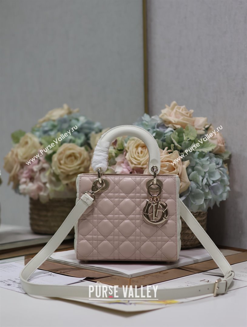 Dior Small Lady Dior Bag in Two-Tone Cannage Lambskin 0531 White/Pink 2024 (XXG-24050921)