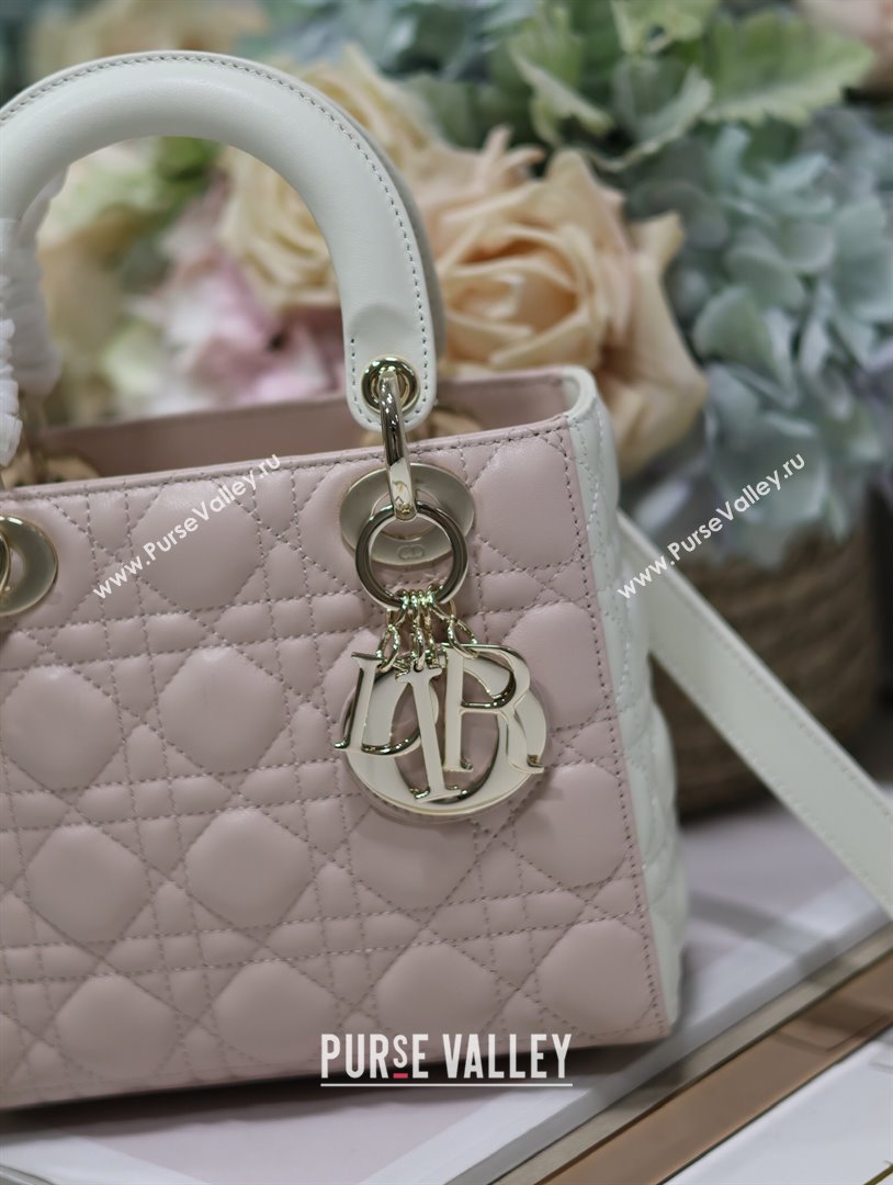 Dior Small Lady Dior Bag in Two-Tone Cannage Lambskin 0531 White/Pink 2024 (XXG-24050921)