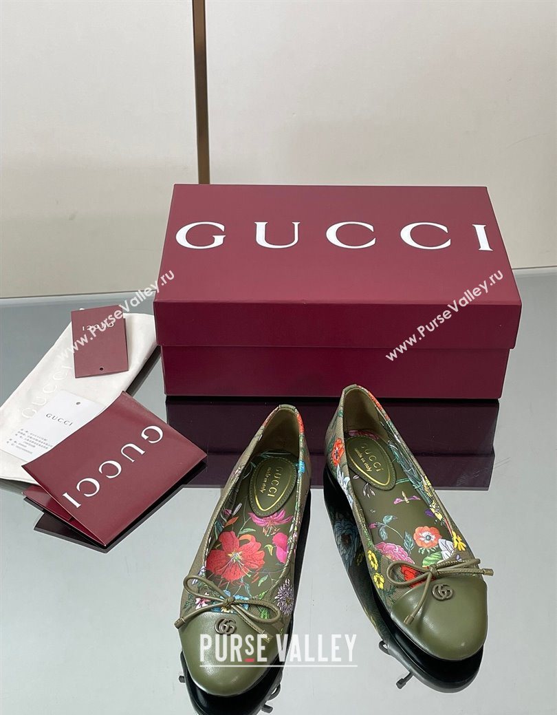Gucci Flora Printed Ballet Flats Dark Green 2025 ‎840726 (MD-250828053)