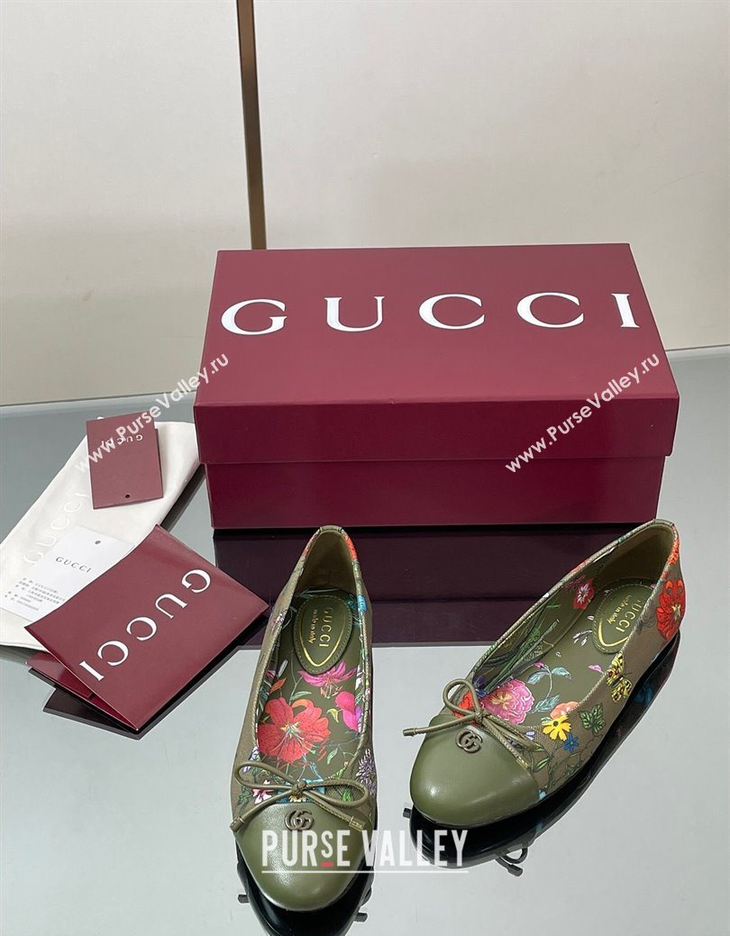 Gucci Flora Printed Ballet Flats Dark Green 2025 ‎840726 (MD-250828053)
