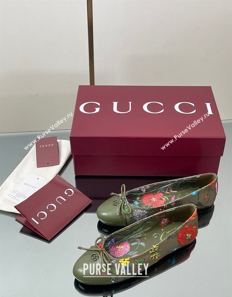 Gucci Flora Printed Ballet Flats Dark Green 2025 ‎840726 (MD-250828053)