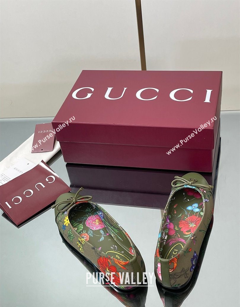 Gucci Flora Printed Ballet Flats Dark Green 2025 ‎840726 (MD-250828053)